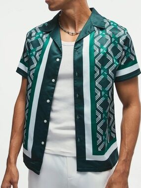 boohooMAN Regular Fit Geometric Border Print Satin Shirt — Green — M
